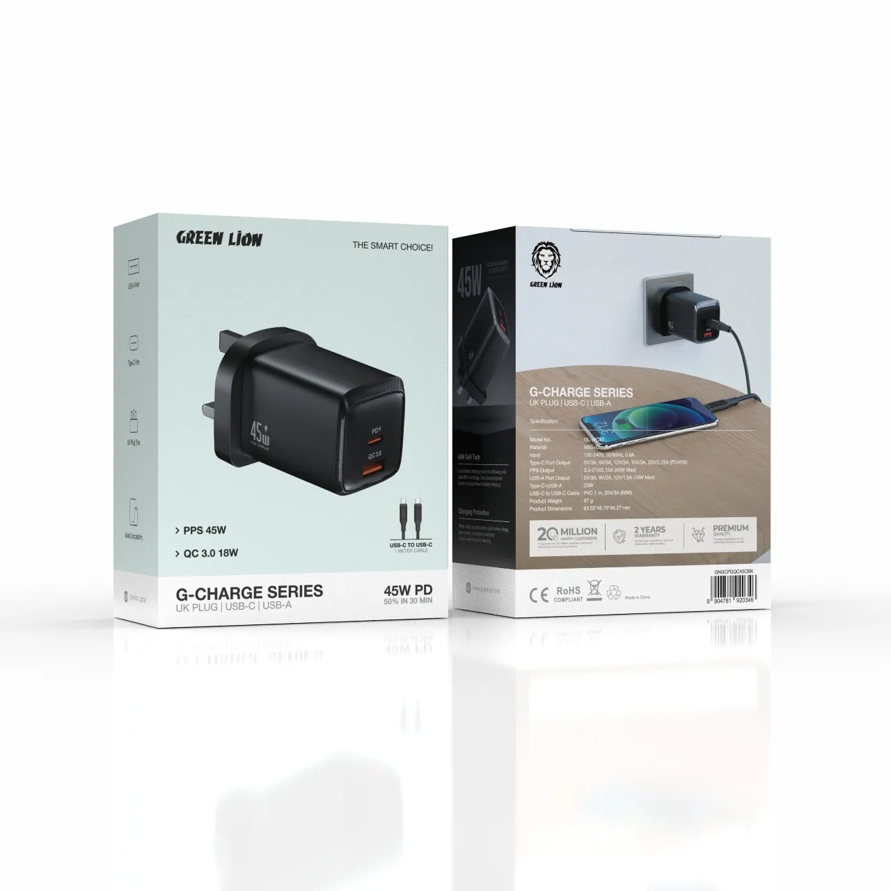 Green Lion Wall Charger 45W with USB A & C Ports and 1M TC Cable - Black