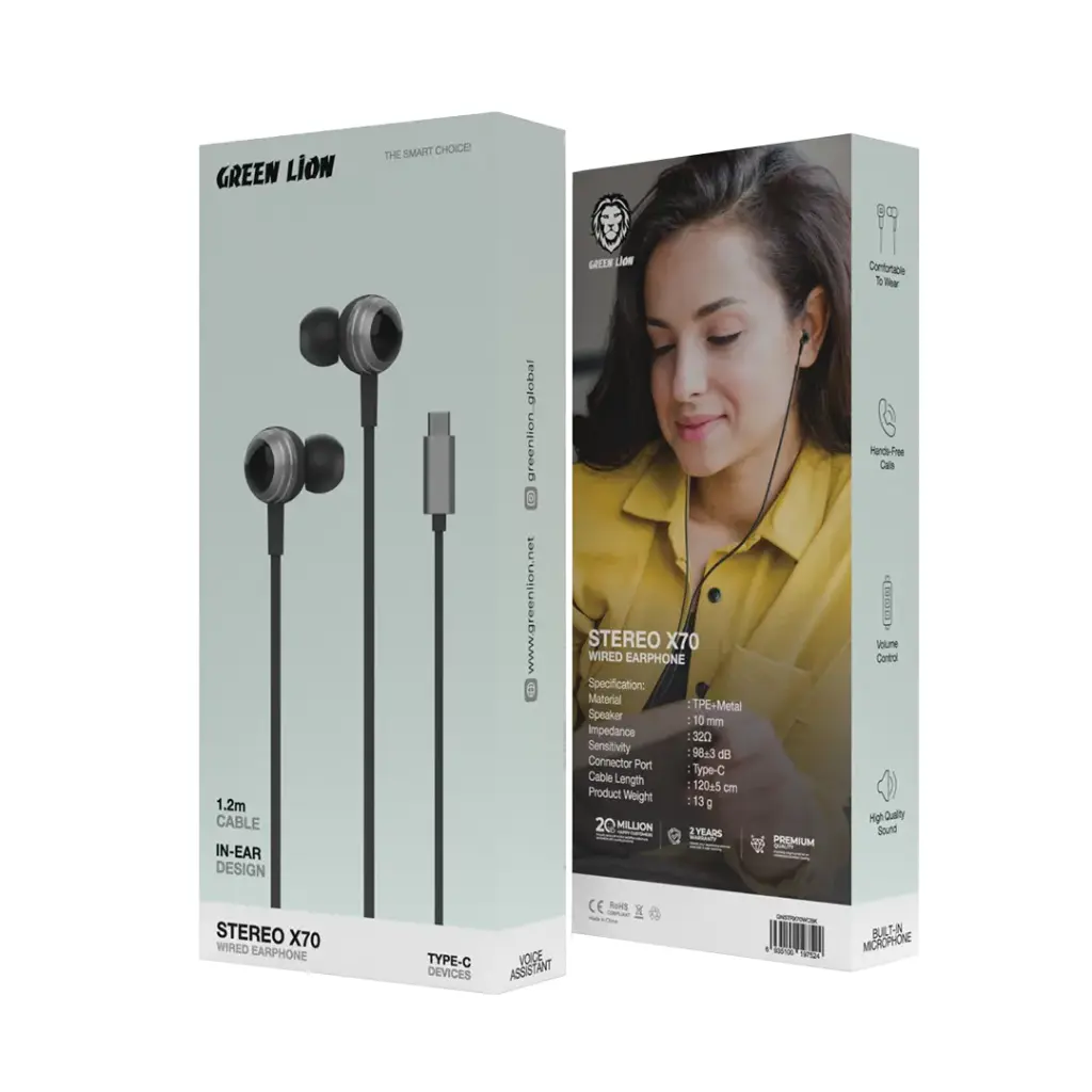 Green Lion Stereo X70 Wired Earphone 1.2m Type-C - Black
